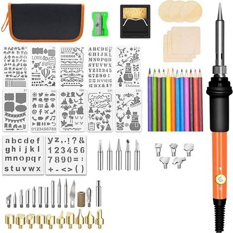 Kit de Combustion Du Bois 60W Outil de Stylo à Bois Professionnel BrûLeur à Bois pour Gaufrage Sculpture Pyrogravure Soudure Prise UE (1/4)