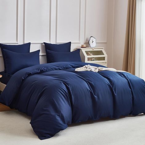 Housse de Couette 140x200 Coton Bleu Foncé Parure de Lit 100% Coton Peigné 40 Fils Doux Lisse Brillant Linge de Lit 1 Personne pour Fille avec Fermeture Éclair et 1 Taie d'oreiller 65x65 cm (1/5)