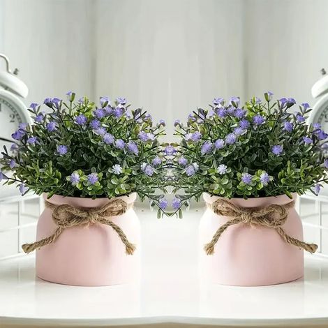 Ensemble 2 Fleurs Vertes Miniatures avec Pots Décoratifs - Composition Gypsophile & Plantes Artificielles 20x18cm pour Déco Maison (1/4)
