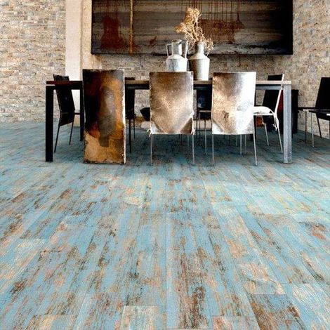 Aelle - Carrelage sol / mur effet bois vieilli bleu 14,4 x 89,3 cm YUGO R CIELO - Vendu par boîte de 1.29 m²