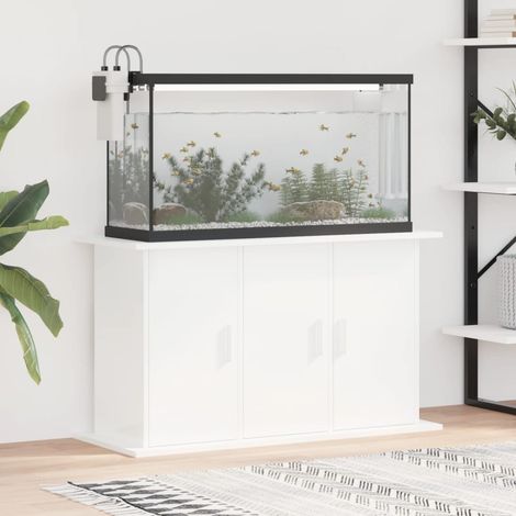 Le Poisson Qui Jardine – Meuble aquarium blanc brillant 101 x 41 x 58 cm – Bois d'ingénierie traité – 3 portes de rangement – Support solide avec fixation murale (1/5)