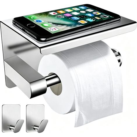 Porte-papier toilette,Crochets pour Serviettes et Peignoirs, mural acier inoxydable 304 brossé – Montage sans perçage – 3pcs Étagère intégrée pour accessoires – Argent 13.7x10x10cm
