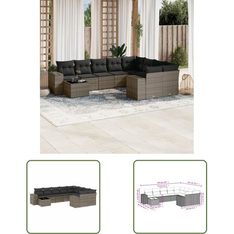 The Living Store Salon de jardin avec coussins 10 pcs gris résine tressée - Ensemble Salon De Jardin - Meuble De Jardin - Résine Tressée - Rotin Synthétique - Mobilier Extérieur (1/3)