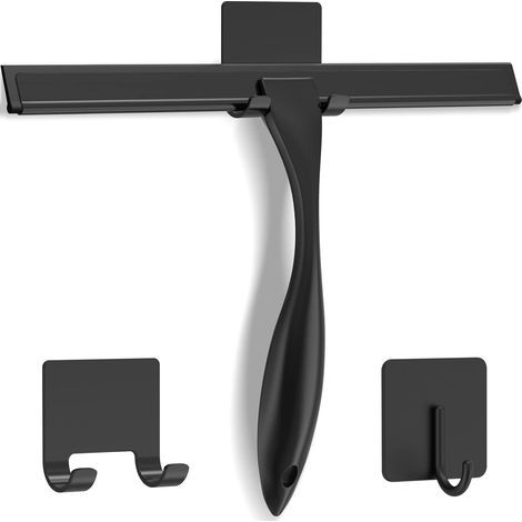 Raclette de douche en acier inoxydable, multi-usages, pour portes vitrées, carrelage et voitures, avec 2 crochets adhésifs, 30 cm, noir (1/5)