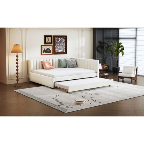 Lit rembourré 140 x 200 cm canapé-lit gigogne multifonctionnel à lattes – lit enfant & d'appoint en velours beige (1/4)
