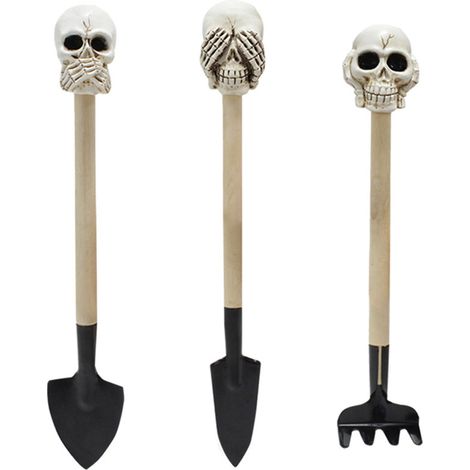 Juego de 3 herramientas de jardinería con forma de calavera, con mangos decorativos de madera: una pala pequeña y un rastrillo. Son coloridas y duraderas. (1/4)
