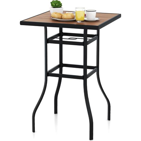 COSTWAY Mesa Alta Cocina, Mesa Alta Cuadrada 70cm, Mesa Bar con Orificio para Sombrilla de 39 mm, Estructura de Metal, Mesa Alta Exterior Jardin Terraza (1/5)