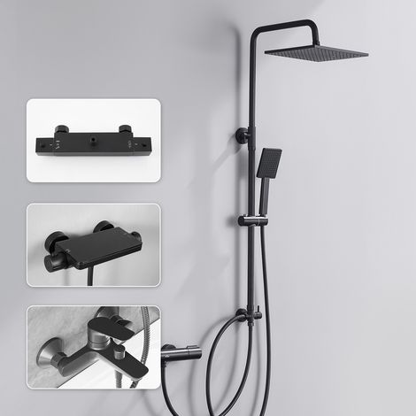 Colonna doccia senza miscelatore, kit completo di doccia a pioggia, soffione doccia di 25,4 x 25,4 cm e doccetta, asta doccia, nero