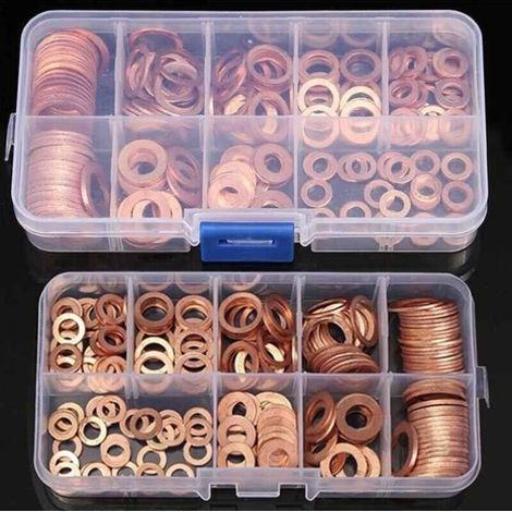 Kit assortimento di 150 rondelle in rame per tappi di scarico, misure M5, M6, M8, M10, M12, M14, M16, M18, M20, M22, 15 misure, rondelle piatte per viti di tenuta, anelli di tenuta permanenti (1/4)