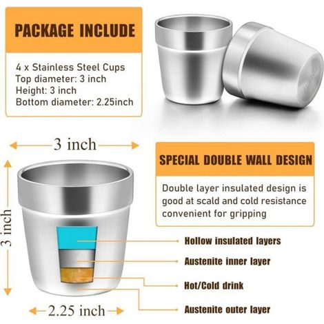 Lot de 4 tasses espresso inox 18/8 175 ml, double paroi isolante, empilables, incassables, lave-vaisselle, camping maison (1/4)