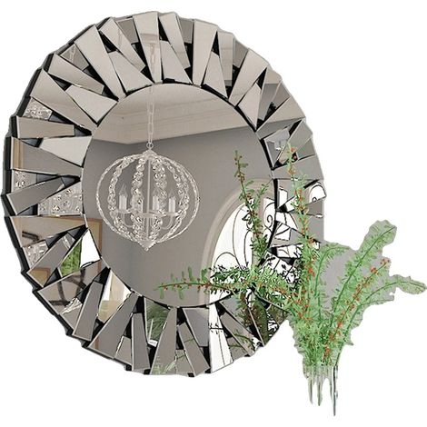 Espejo de pared decorativo, diseño radiante, forma redonda, color plata, 80x80cm (1/2)