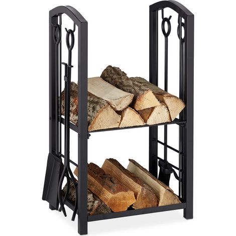 Relaxdays Firewood Rack with Companion Tools, 2 Tiers, Steel, 4-Piece Accessory Set, Shovel, Broom, Tongs & Poker, Black