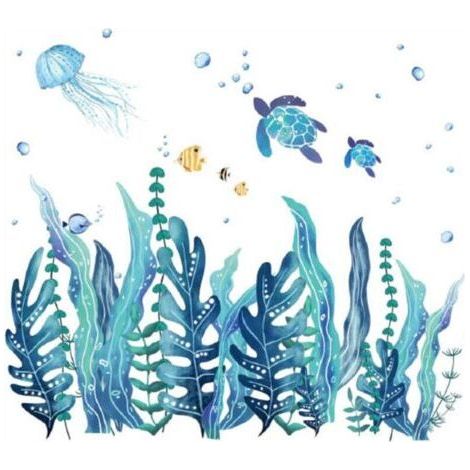 2 Sheets 3D Seaweed Wall Decals Underwater Sea Turtles Wall Decals Removable Ocean Grass Jellyfish Fish Vinyl Wall Decal for Bedroom Bathroom (1/4)