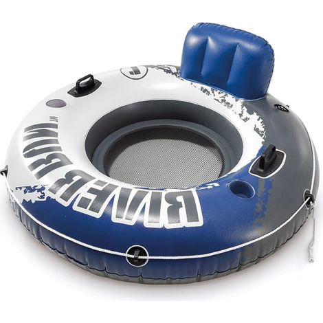 Salvagente gonfiabile di colore blu, nero e bianco - Diametro 135 cm - Ciambella gonfiabile con fondo a rete, porta bibite e schienale (1/5)