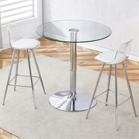 Ensemble bar verre rond 89cm 2 bancs argentés cuisine salle à manger bar (1/5)
