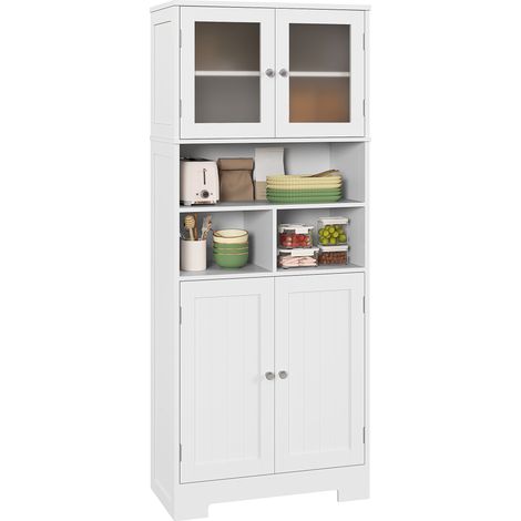 Hohes Küchen-Sideboard, Küchenschrank, 4 Türen, Nischen, verstellbare Einlegeböden, Glastüren, 60 x 30 x 145,5 cm, weiß