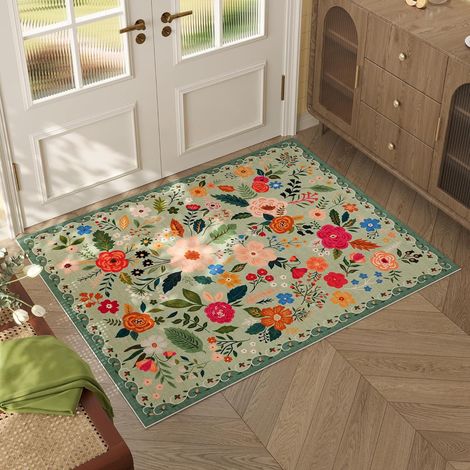 Tapis fleuri - Tapis de sol - Paillasson - Paillasson d'intérieur - Paillasson d'extérieur - Convient pour les entrées, les cuisines et les portes d'entrée - Polyester - Vert (1/5)