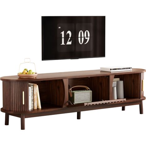 Meuble TV bas 165 x 39,5 x 46 cm en MDF brun avec portes coulissantes et abattante, 3 rangements, grande tablette, style rétro pour écran jusqu’à 65 pouces  CHICFURN (1/5)