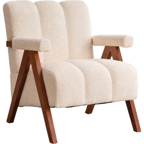 Fauteuil bouclette beige avec structure en bois, accoudoirs, coussin moelleux et style rétro pour salon, chambre ou coin lecture, compact CHICFURN (1/5)