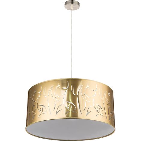 Schirmleuchte Hängelampe Pendelleuchte Hängeleuchte Wohnzimmer, 3 flammig nickel matt gold Dekorstanzungen1x 3x E27 Fassung, DxH 53x140cm, Globo, 15359H1