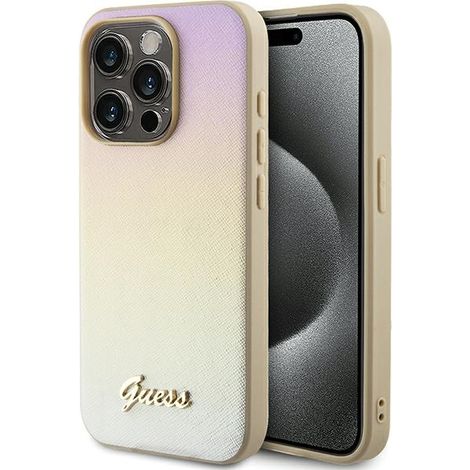 Hülle für iPhone 15 Pro Guess Saffiano Iridescent Script Gold (1/5)