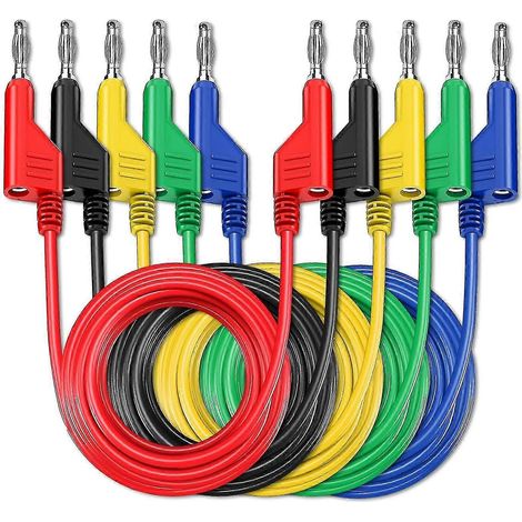 Lot de 5 cordons de test pour multimètre avec fiches bananes doubles de 4 mm, câbles souples empilables en cuivre de 1 m pour tests en laboratoire électrique - Yx (1/5)