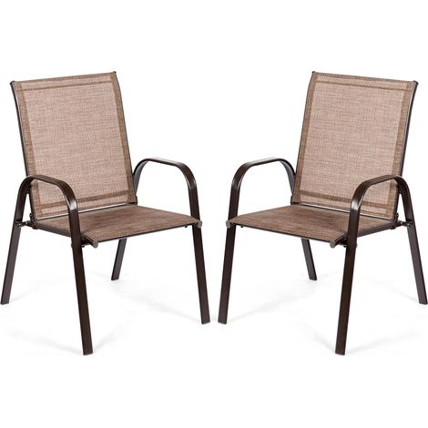 COSTWAY Lot de 2 Chaise de Jardin avec Cadre en Métal, Chaise de Salle à Manger Extérieur en Teslin à Séchage Rapide, Fauteuil Extérieur pour Toutes Saisons, Charge 200KG, pour Cour, Piscine (Brun) (1/5)
