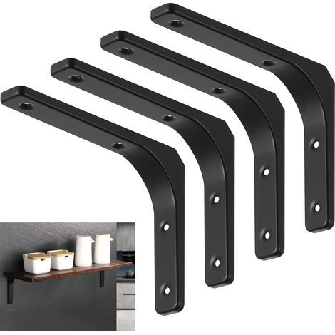4 Pièces Équerre Étagère de Fixation Noir, Supports D'étagère Murale, pour Salon Chambre Cuisine, Support Etagère Murale en Métal (150 x 200 mm) (1/5)