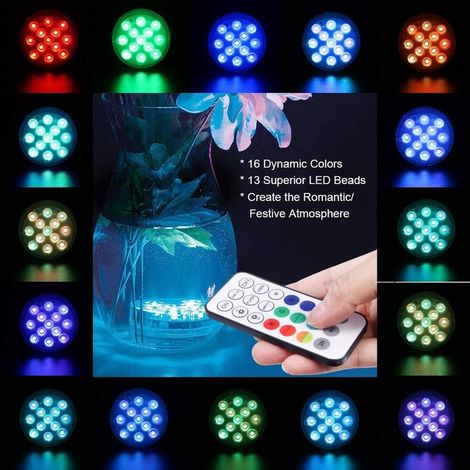 Lumière LED Submersible,4PCS 13LED Lampes Sous-Marines 16 Couleurs RGB avec Ventouses et RF Télécommande,IP68 étanche éclairage pour Aquarium,Piscine,Jardin,Vase,Baignoire,étangs (1/4)