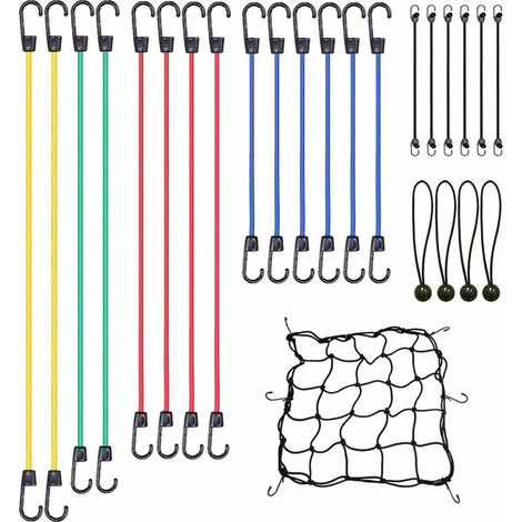 Heavy duty elastic cord with hooks, cano clips, metal hooks, plastic coated metal hooks, 25 piece set
