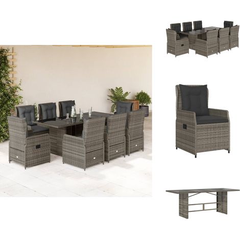 9-tlg. Garten-Essgruppe mit Kissen Grau Poly Rattan - Gartengestelle - Gartenmöbelset - Gartentisch - Gartenstühle - Lounge Möbel (1/5)