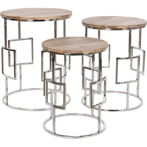 Table gigogne design en mango et acier pour salon moderne - Marron argenté chromé (1/5)