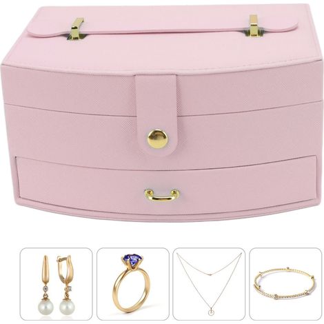 Boîte à bijoux à double compartiment avec serrure, boîte de rangement de style tiroir, fraîche et propre, pour colliers, bracelets et autres bijoux, couleur macaron et joli rose. (1/5)