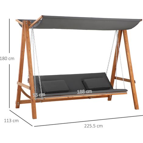 Balançoire Hollywood Outsunny 3 places avec fonction lit, Balançoire de jardin avec toit, Bois de pin en gris et teck, 225,5x113x180cm (1/5)