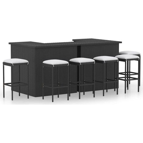 vidaXL Set de bar para jardín 8 piezas y cojines ratán sintético negro (1/4)
