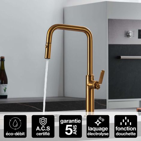 Robinet Mitigeur de Cuisine anti-calcaire avec Douche anti-calcairette Or Brossé IMEX NIZA GCE027/OC (1/4)