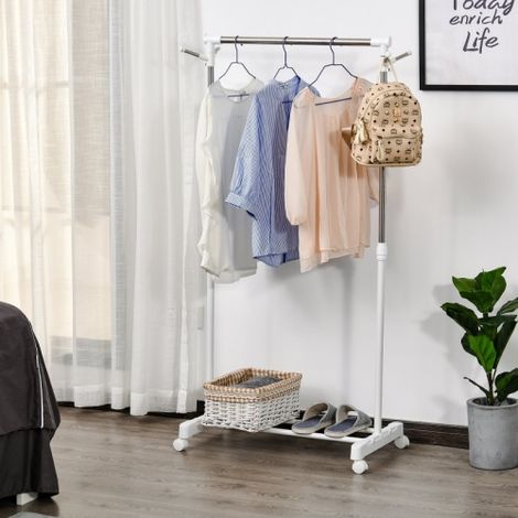 Portant à vêtements mobile en métal blanc réglable en hauteur, avec étagère inférieure et 4 roulettes, pratique et facile à déplacer pour intérieur (1/3)