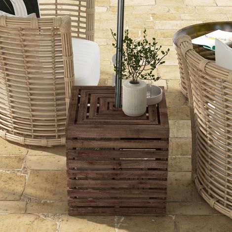 Coffre de rangement extérieure 2 en 1 pour base de parasol, table d'appoint de terrasse avec trou pour parasol en bois (1/5)