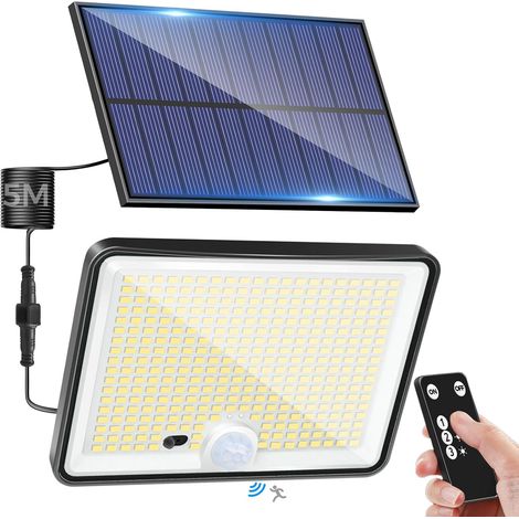 Lampe Solaire Exterieur Detecteur de Mouvement avec Télécommande, 342 LED Lumiere Solaire IP65 Étanche Spot Solaire, 3 Modes Eclairage Solaire pour Jardin Garage Cour, Blanc Froid (1/5)