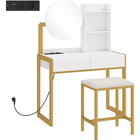 Toeletta con specchio e sgabello 80 x 42 x 130 cm stazione di ricarica e vani portaoggetti moderno in truciolare bianco 210003792