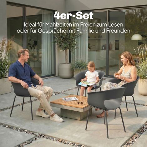 Lot de 4 fauteuils de terrasse ergonomiques pour balcon, style ajouré, accoudoirs, résistants aux UV et à la corrosion, gris anthracite. (1/4)