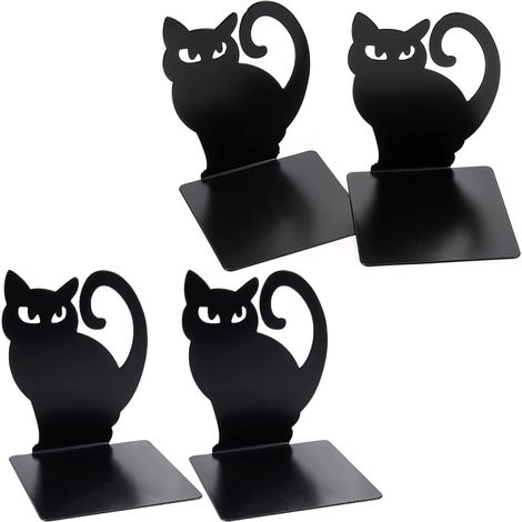 paires de serre-livres robustes, serre-livres décoratifs en métal, pour étagères, butées de livres antidérapantes (noir, style chat noir) (1/5)