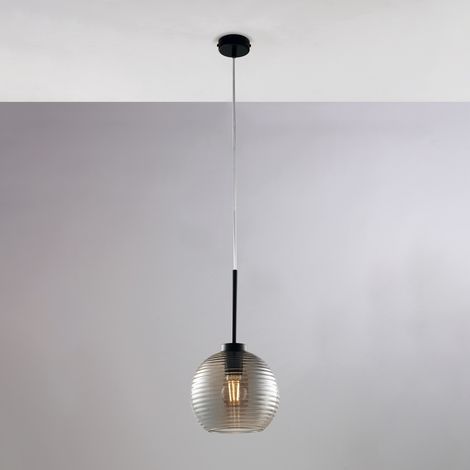 Sospensione in ferro laccato nero con cavo elettrico regolabile e diffusore in vetro soffiato grigio specchiato con rigatura in rilievo 1 luce H.41 - MAX 141 - Ø20