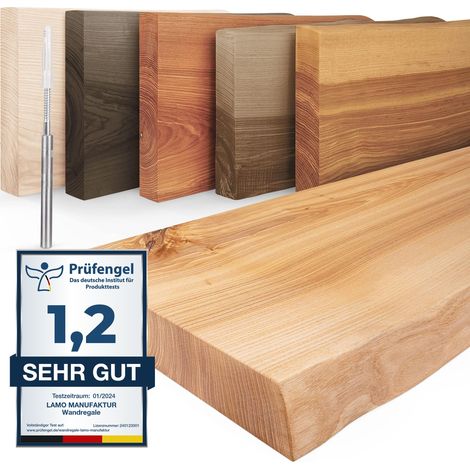 LAMO Manufaktur Étagère murale en bois massif, bord irrégulier, étagère flottante montage INVISIBLE Naturel 120cm, LW-01-A-002-120W