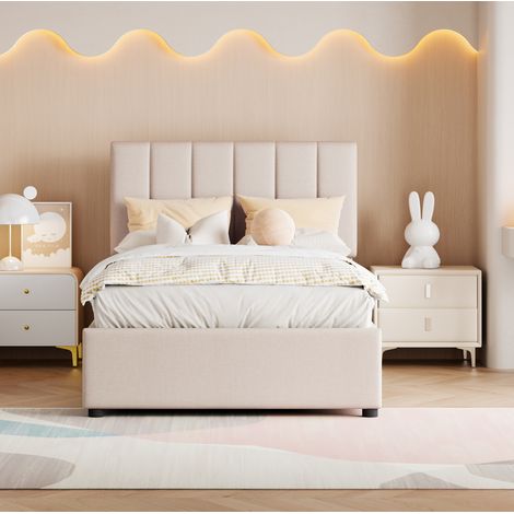Cama infantil 90x200 cm beige de lino con almacenaje hidráulico (1/5)