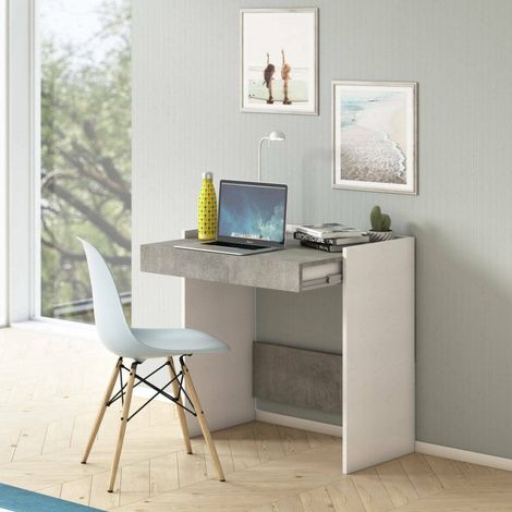 Dmora - Escritorio Dbeltrá, escritorio moderno con cajón, Mesa de estudio u oficina para porta libros de PC, 100% Made in Italy, 80x40h79 cm, Blanco y Cemento (1/5)