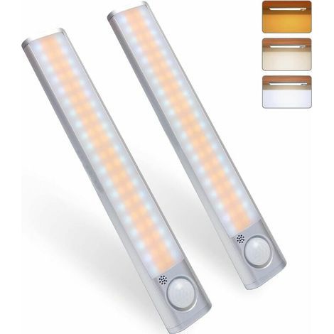 Lampe de Placard 80LED, Lampe à Détecteur de Mouvement, Luminosité Réglable avec 3 Couleurs, USB Rechargeable, Sans Fil, Convient à Armoires, Cuisines, Couloirs, Garage, Lampe de Poche (1/4)