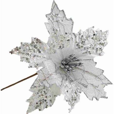 Glitzernder Blumenschmuck, künstliche Weihnachtsbaumblüte für die Festtage. Höhe: 25 cm, Durchmesser: 20 cm, silberfarben. (1/4)