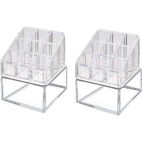 Boîte de rangement cosmétique carrée - JUANIO - 9 compartiments - Lot de 2 - Transparent - 9,5x9,5x13 cm (1/3)
