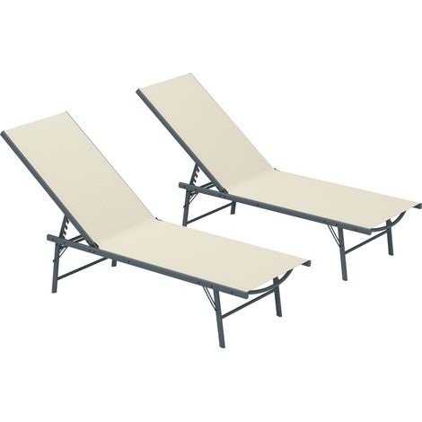 Lot de 2 transats pliants en textilène, chaises longues inclinables pour jardin et extérieur, 54 x 164 x 84 cm, couleur crème (1/5)